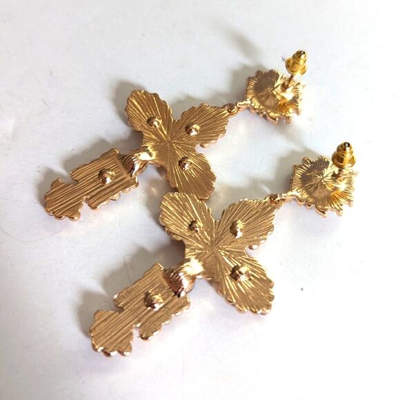 Gold Tone Cross Christian Pearl Rhinestone Regal Dangle Drop Post Stud Earrings - Picture 4 of 4